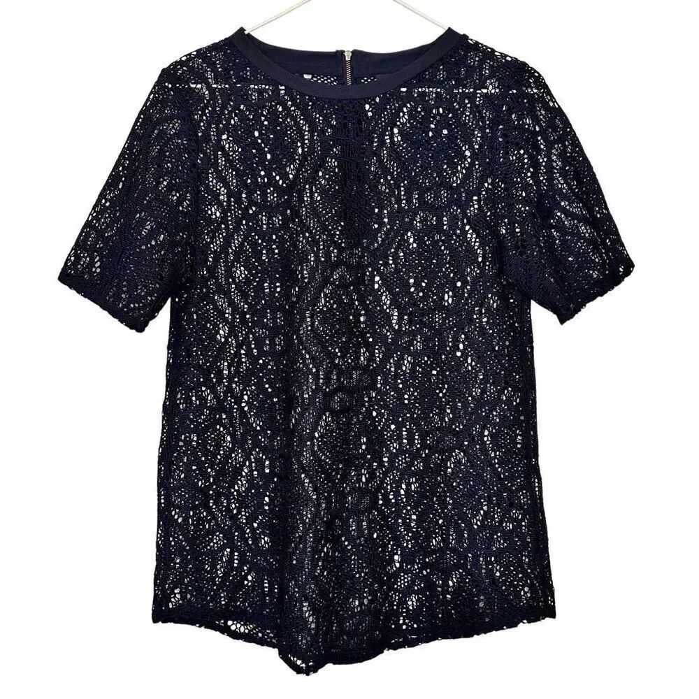 Banana Republic Back Zip Short Sleeve Navy Blue Lace Blouse Top Small